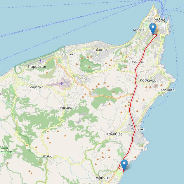 Karte der Fahrstrecke von Rhodos-Stadt zum Traganou-Strand, Rhodos, Griechenland. Die landschaftlich schöne Strecke folgt der Ostküste und führt durch bekannte Gebiete wie Faliraki und Afandou.