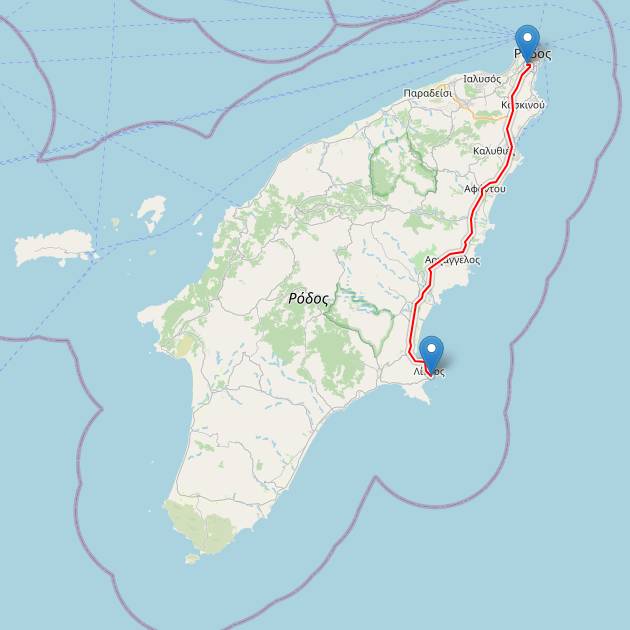 Karte der Fahrstrecke von Rhodos-Stadt nach Lindos, Rhodos, Griechenland. Die landschaftlich schöne Küstenstraße führt an beliebten Stränden und Dörfern vorbei.